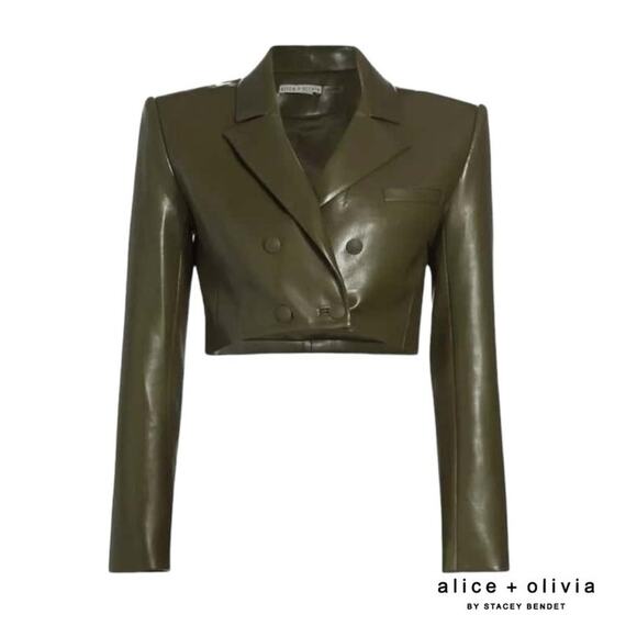 Alice + Olivia Anthony Cropped Olive Vegan Leather Blazer Size M Medium 8 - Picture 3 of 10